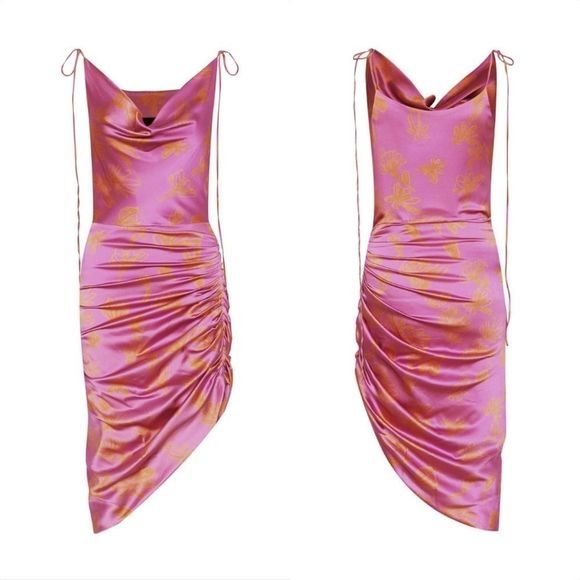 Bogdar Queeny Ruched Silk Stretch Satin Midi Slip Dress in Pink Floral - Picture 2 of 13